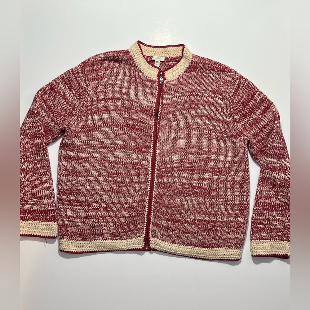 J Jill Red Cream Crochet Knit Full Zip Cotton Sweater Cardigan, Medium Petite
